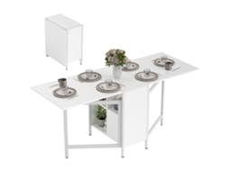 Folding Kitchen Table With Storage, Compact Dining Table With 4 Shelves, 169x60x75 Cm, White
