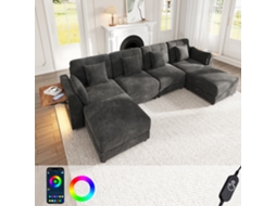 Sofá Modular U/l Com 2 Pufes Móveis, Iluminação Led, Mesa De Apoio Rebatível E 6 Almofadas, Cinzento