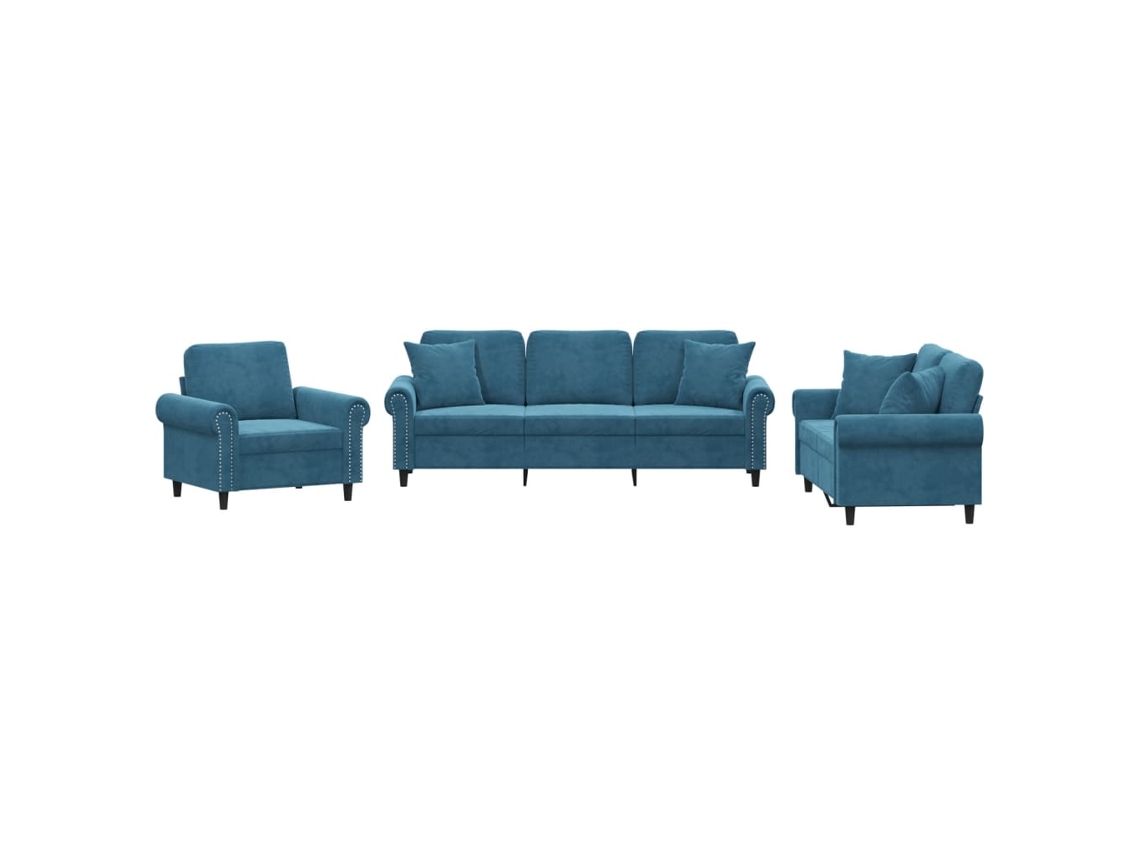 Conjunto 3 de sofás com almofadas  VIDAXL veludo azul (212 x 77 x 80 cm)