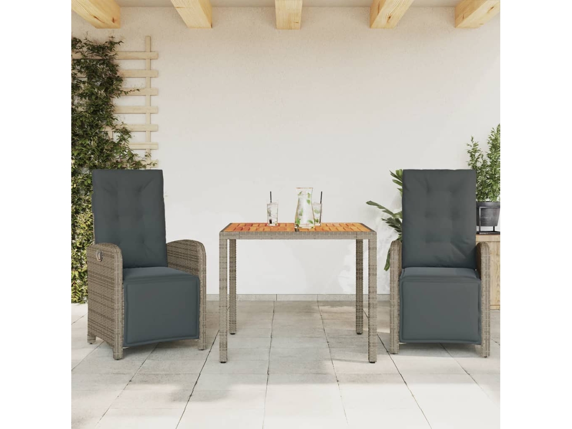 3 Pcs Conjunto Bistrô Com Almofadões Vime Pe Cinza Dkd Home Decor