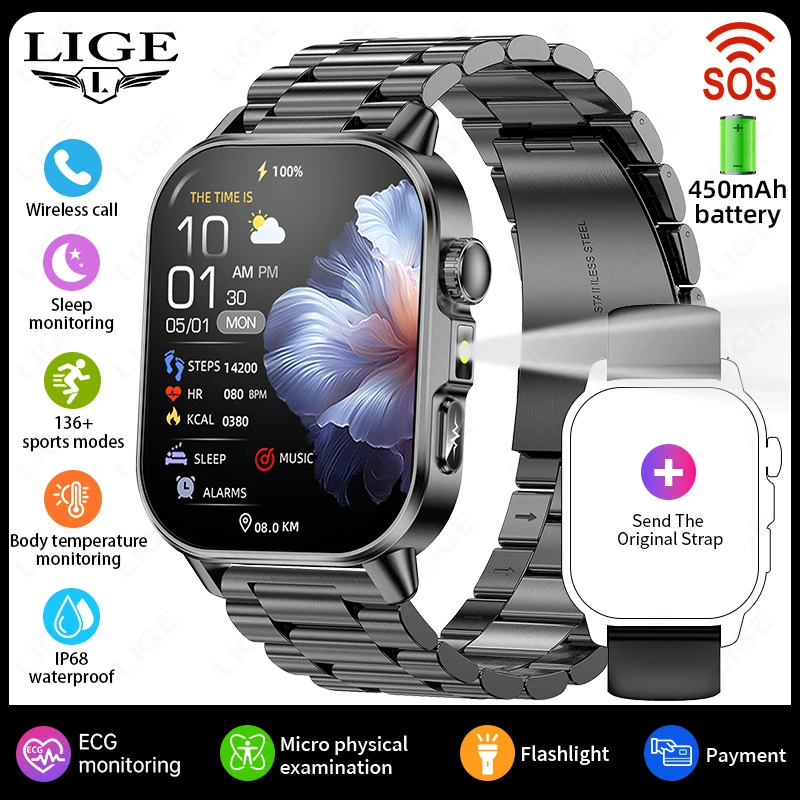 Smartwatch MDUG com ECG, PPG, vidro resistente a choques
