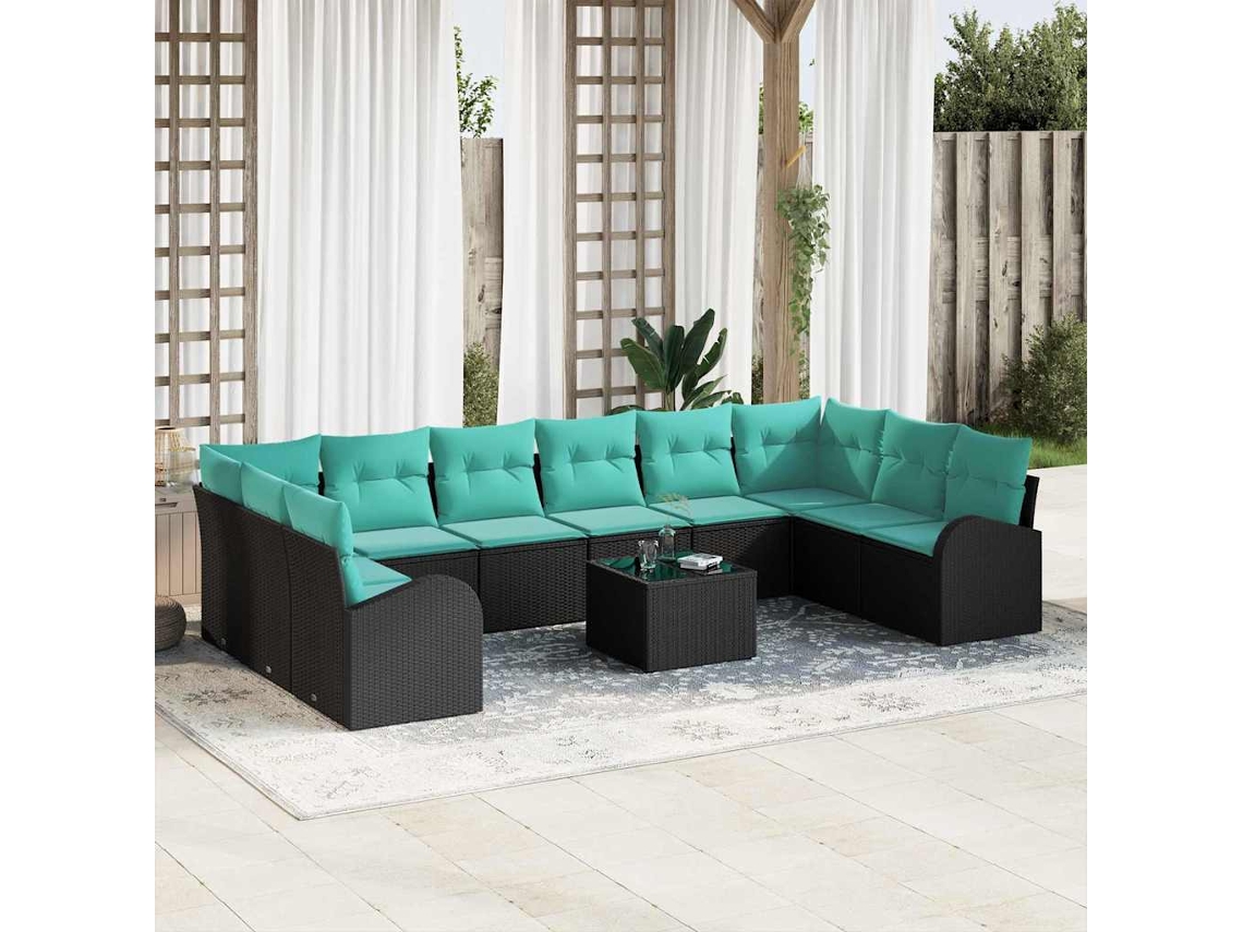 Vidaxl Conjunto De Sofá De Jardim 11 Pcs Preto E Turquesa Vime Pe
