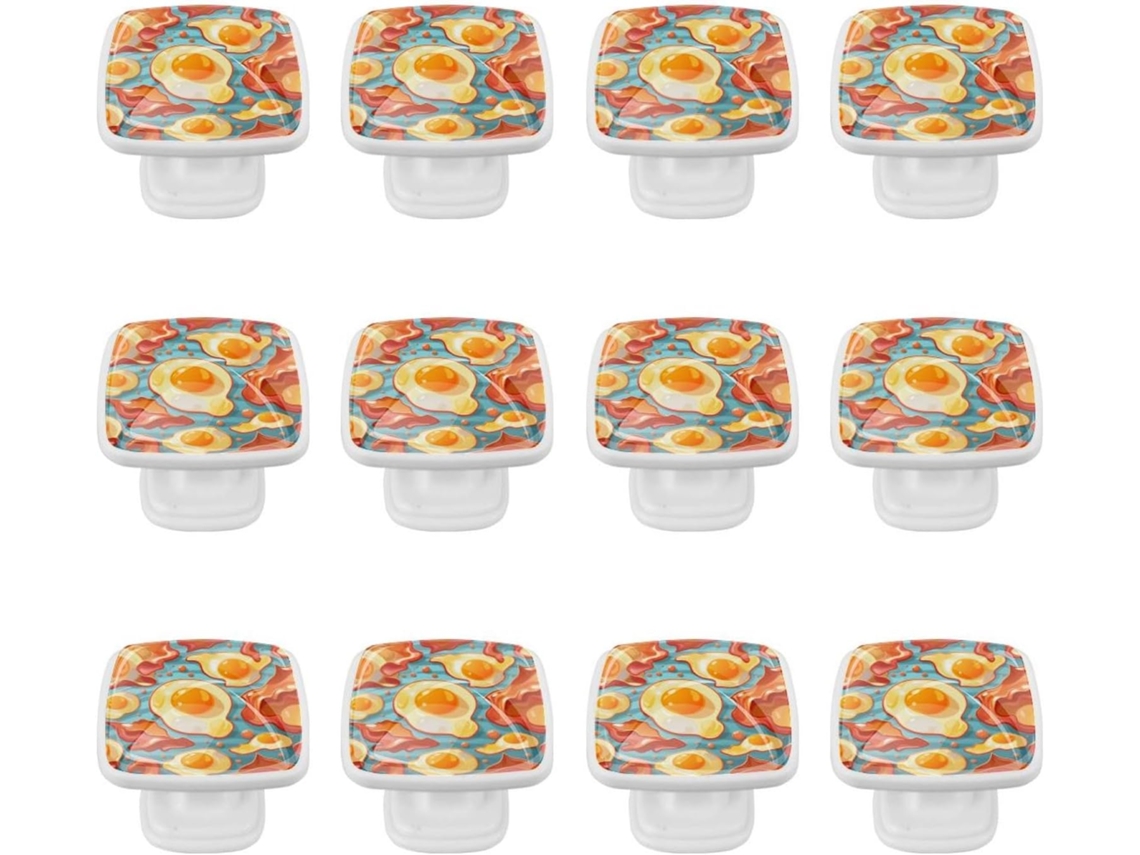 Puxadores E Botões Quadrados Para Gavetas Armários, Conjunto De 12 Peças, Com Estampa De Café Da Manhã Bacon E Ovos