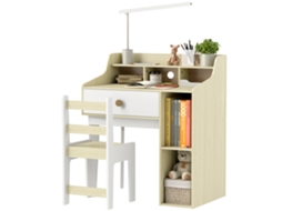 Mesa e cadeira infantil BTFORUS em madeira com prateleira e gaveta, conjunto para crianças de 3 a 10 anos, branco e madeira