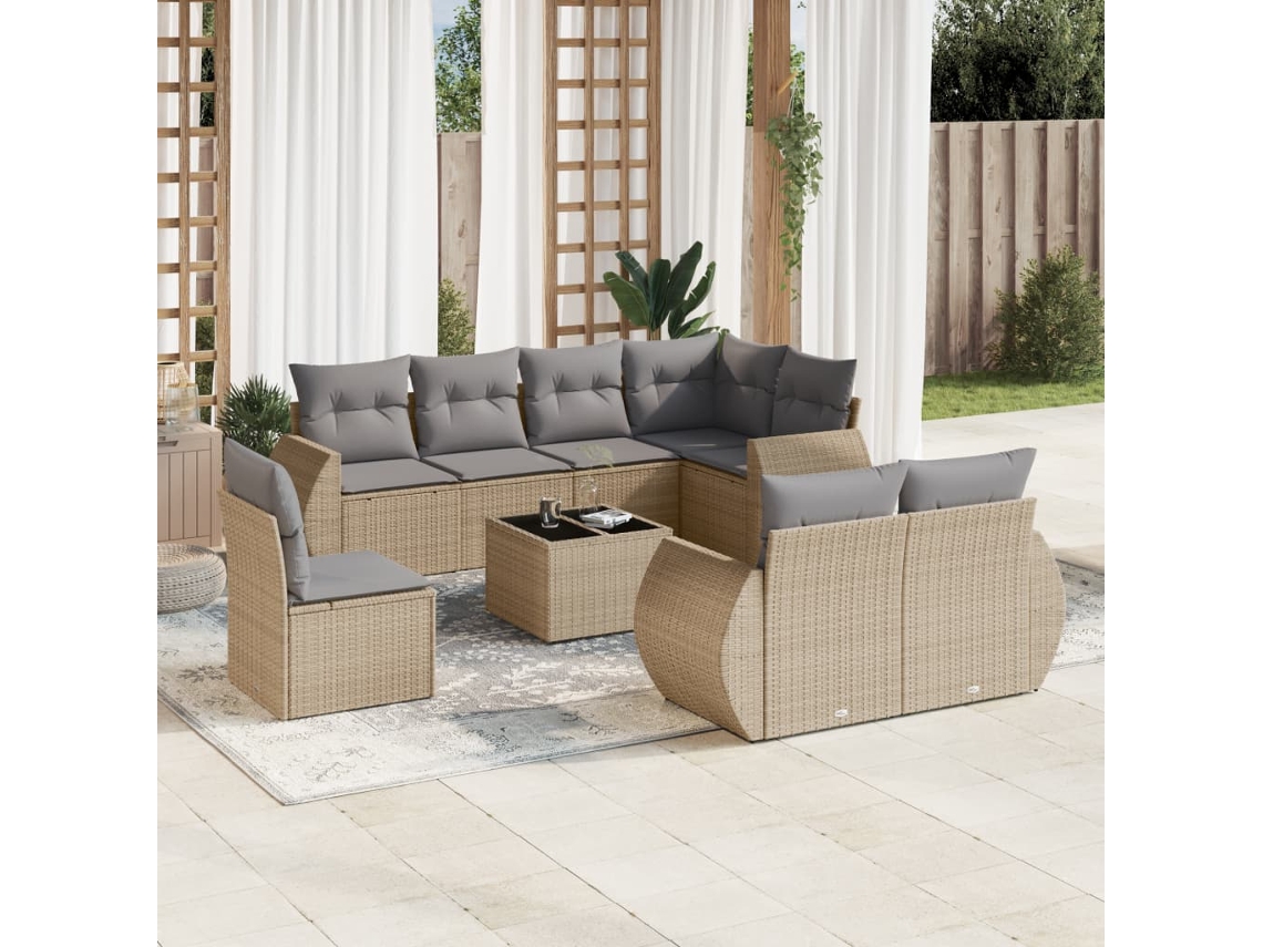 Vidaxl 9 Pcs Conjunto De Sofás P/ Jardim Com Almofadões Vime Pe Bege