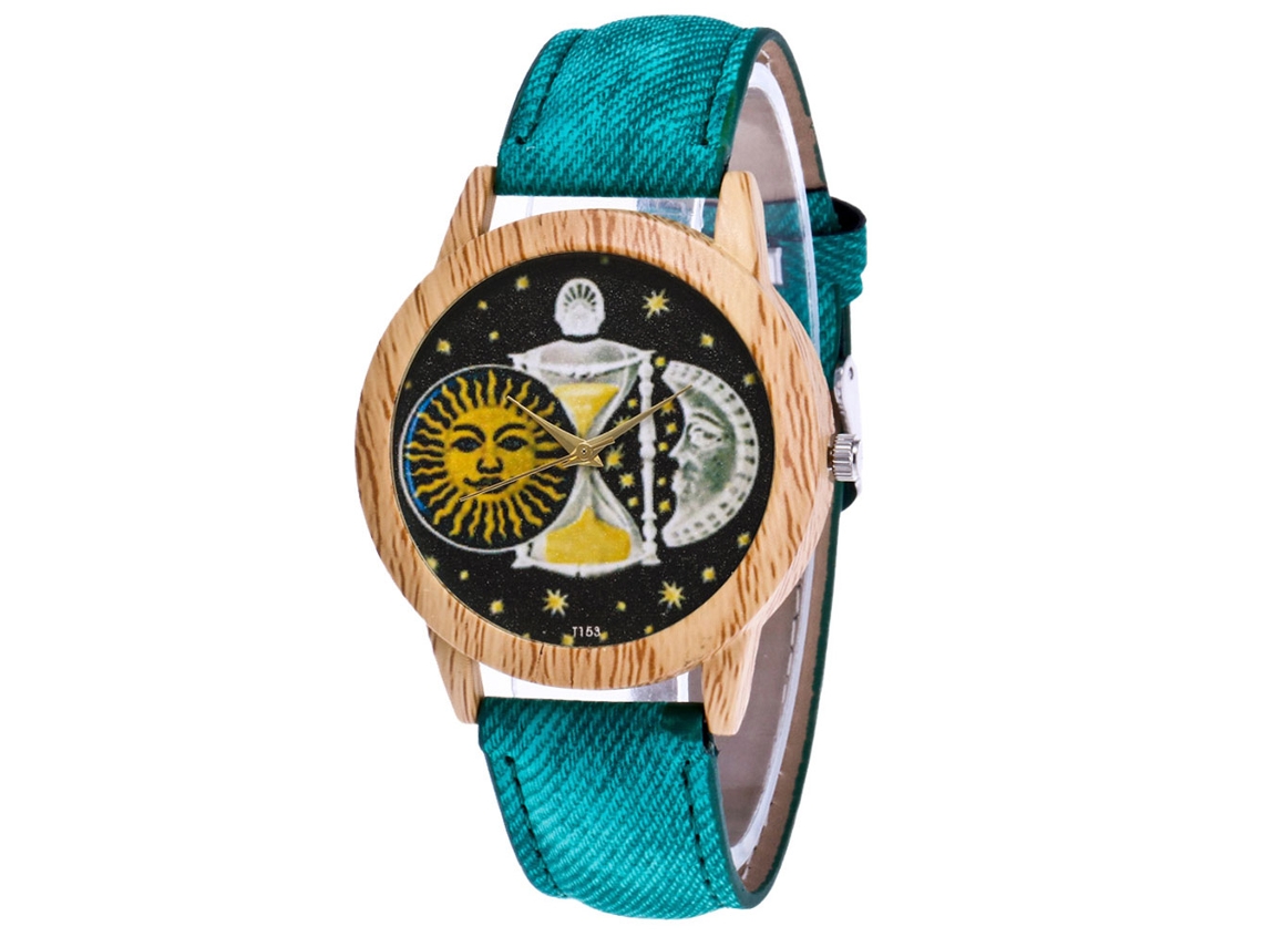 Relógio de Pulso Unisex de Quartzo com Pulseira de Jean Padrão Lua Sol Cor Verde