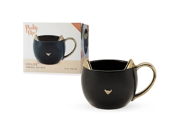 Rebe taza de Gato Chloe, 355 Ml, Cerámica Negra Con Detalles Metálicos, Accesorio para Tetera