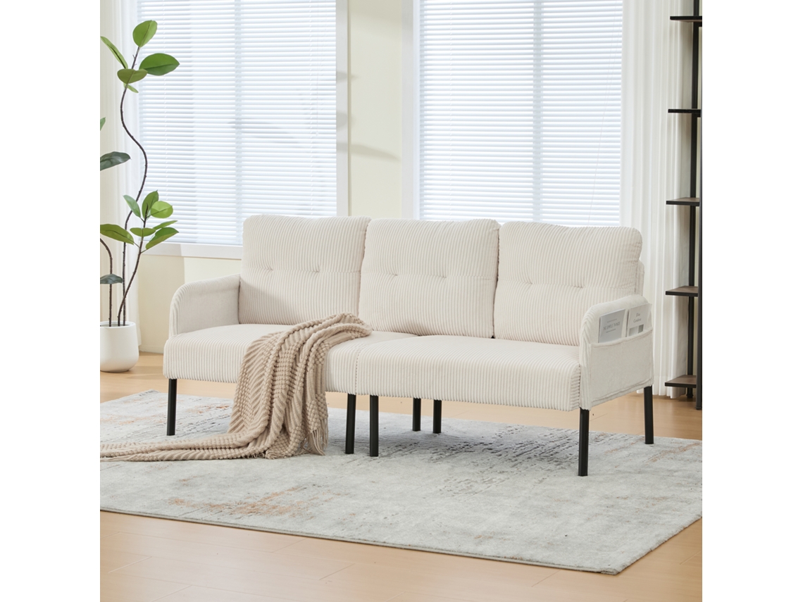 Sofá 3 Lugares Veludo Cotelê, Encosto Alto, Bolsos Laterais, Pernas Metálicas, Versátil-kd