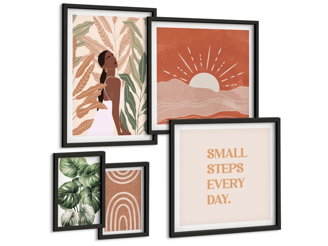 Quadros Decorativos Para Parede Lago, Píeres, Barcos, Paz Moldura Preta Quadros Para O Escritório Espelharte (conjunto De 5 Imagens)