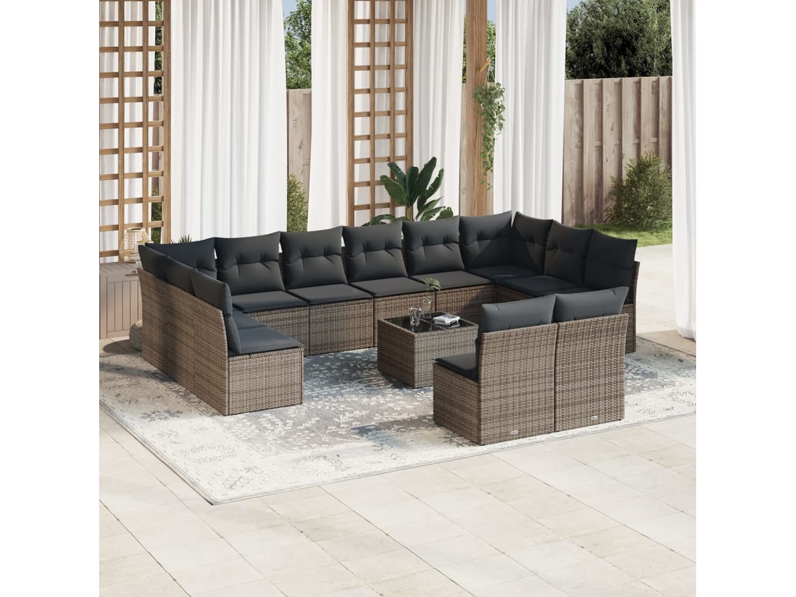 Vidaxl 13 Pcs Conjunto Sofás P/ Jardim C/ Almofadões Vime Pe Cinzento