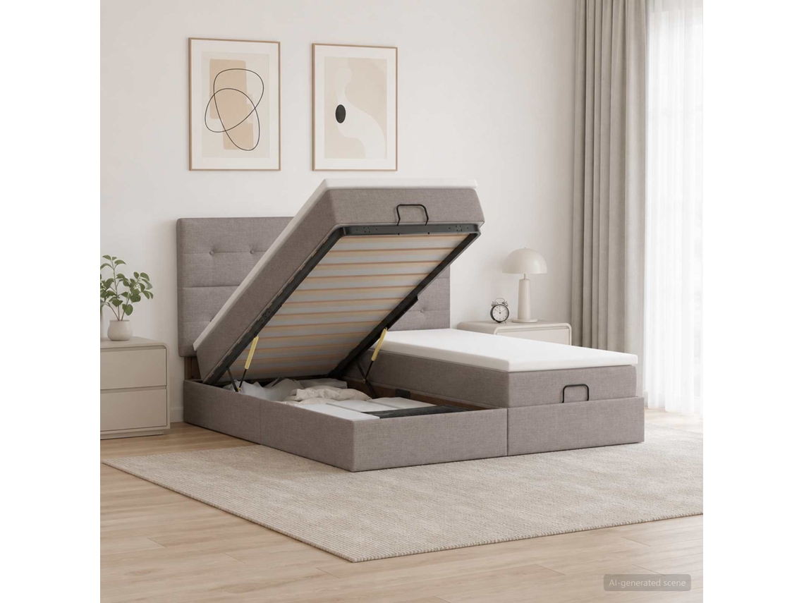 Vidaxl Cama Ottoman Com Colchão E Led Cinzento-acastanhado Tecido
