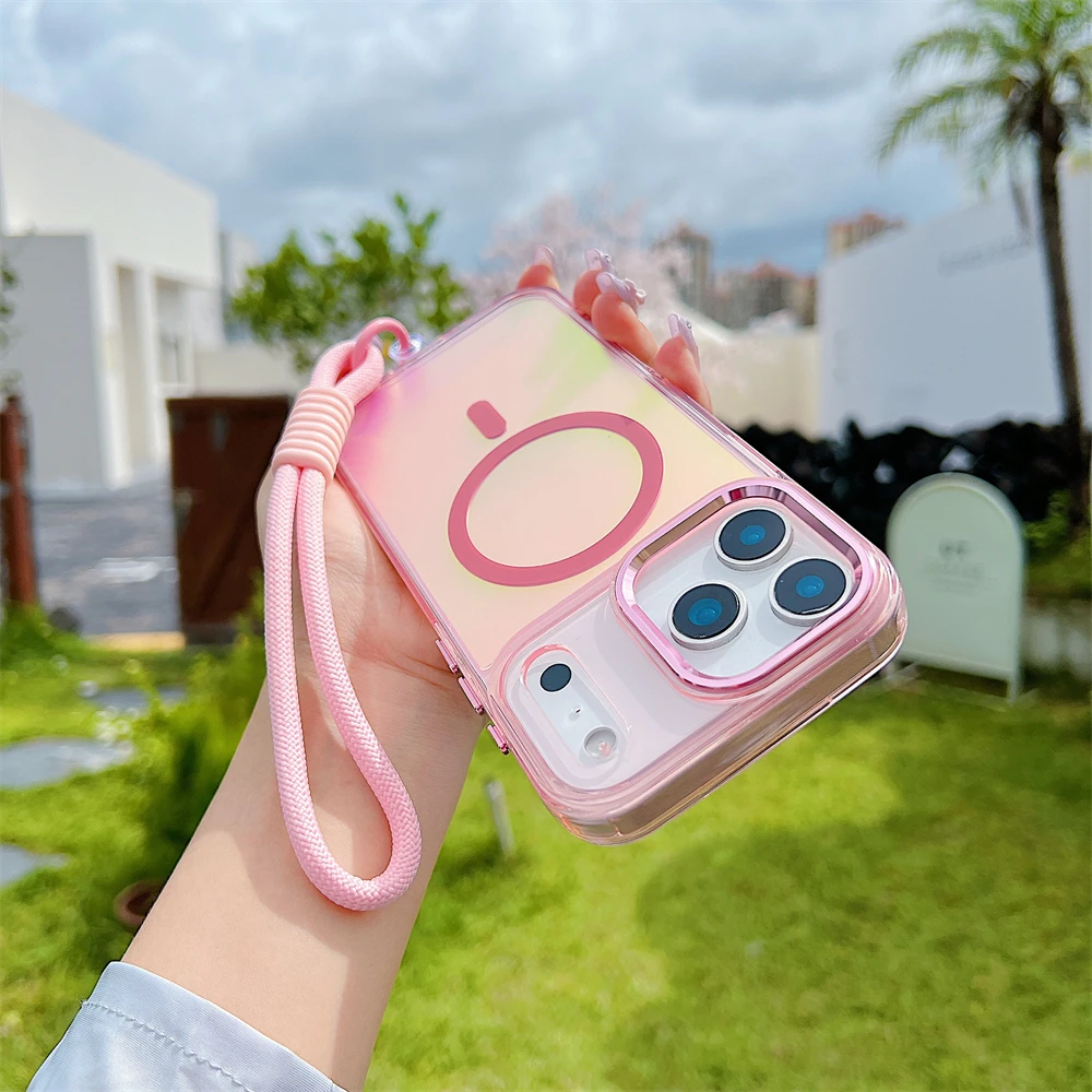 (rosa, Iphone 15 Plus) Capa Protetora Magnética De Alta Qualidade, Resistente A Impactos, Com Carregamento Sem Fio E Cordão.