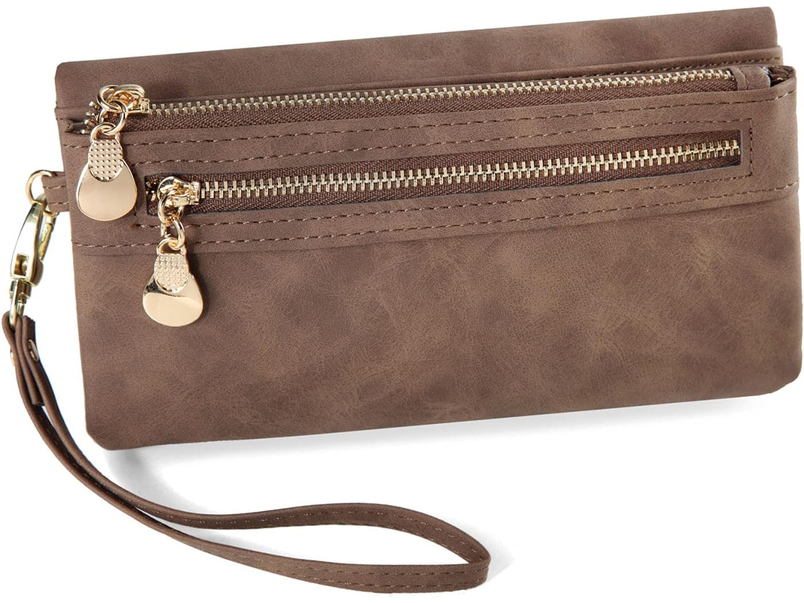 Carteira Feminina Longa Com Alça De Pulso - Clutch Elegante Com Zíper - Café