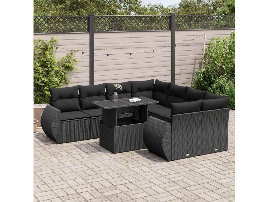 Vidaxl 9 Pcs Conjunto de Sofás P/ Jardim C/ Almofadões Vime Pe Preto