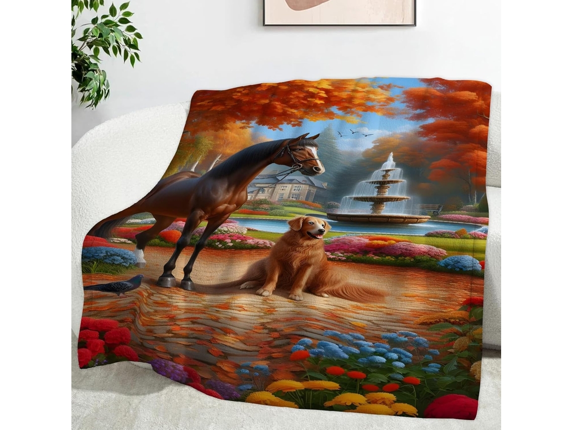 Manta de Flanela Multifuncional com Estampa Cavalo e Cachorro 150x200 Cm Macia Aconchegante Ideal para Escritó