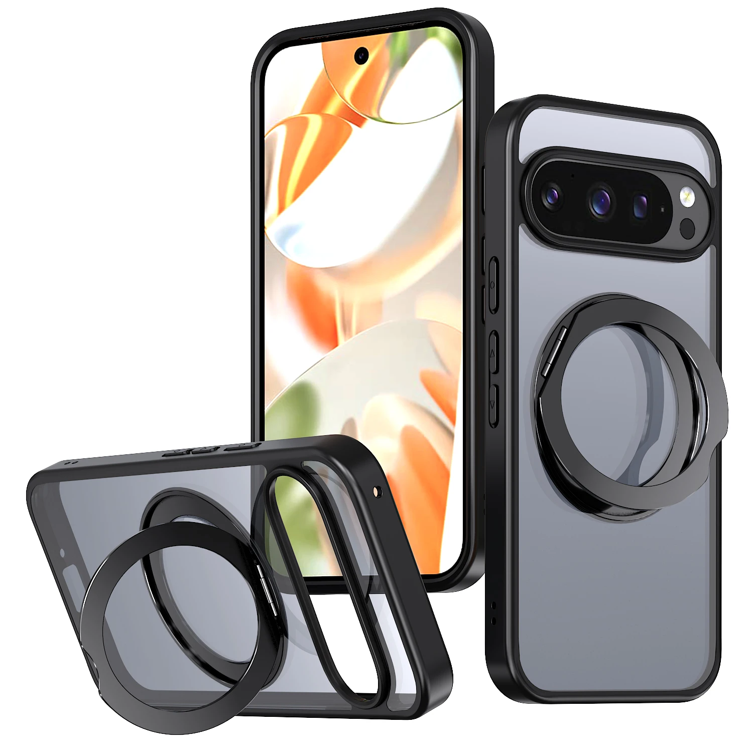 (preto, Google Pixel 9) Capa Protetora Reforçada Com Suporte De Anel Metálico Magnético.