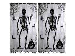 Conjunto de 2 cortinas de Halloween com detalhes vazados vermelhos, medindo 102x213cm, em poliéster, para decoração festiva.