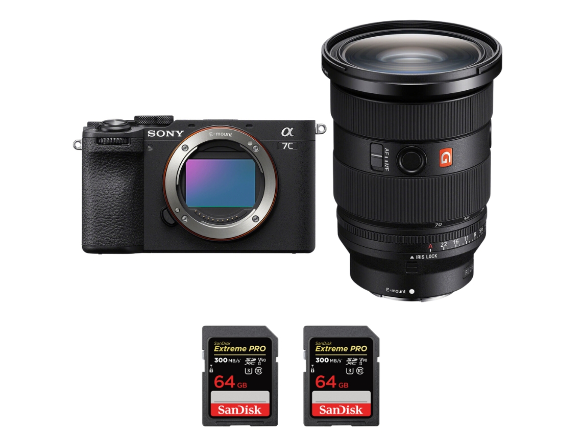A7c Ii Preto + Fe 24 70mm F/2.8 Gm Ii + 2 Sandisk 64gb Uhs ii 300mb/s Máquina Fotográfica Híbrida + Ebook Pricedirect SONY