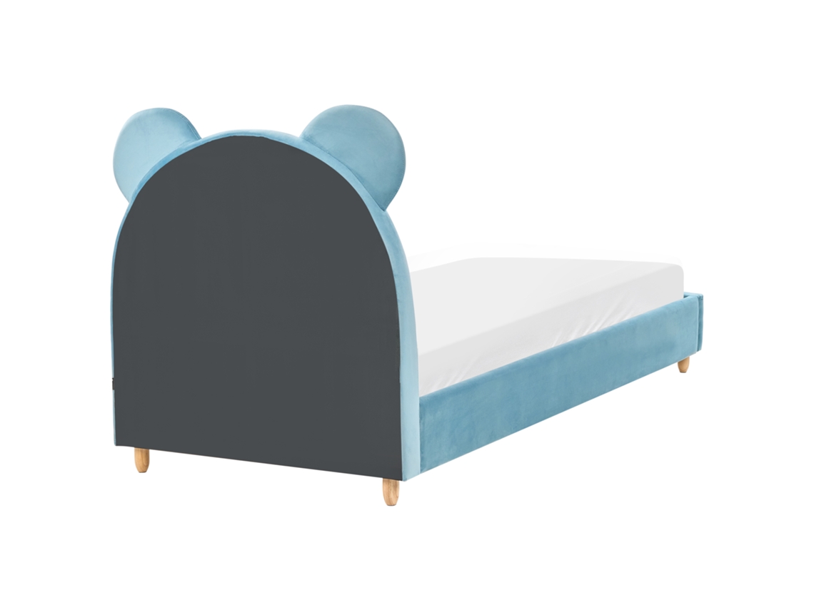 Cama Infantil Em Veludo Com Cabeceira De Urso Beliani Mailles De Veludo Azul 90x200