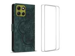Capa Tkdaddy Para Motorola Moto G56 5g Com 2 Peças De Vidro Temperado Wanlonfeng Mtl Series Mandala Couro Capa Para Celular Verde Meia-noite