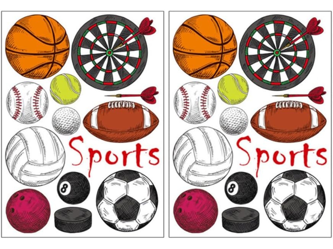 2 Folhas De Adesivos Decorativos De Parede Com Motivos De Futebol, Basquete E Rúgbi.