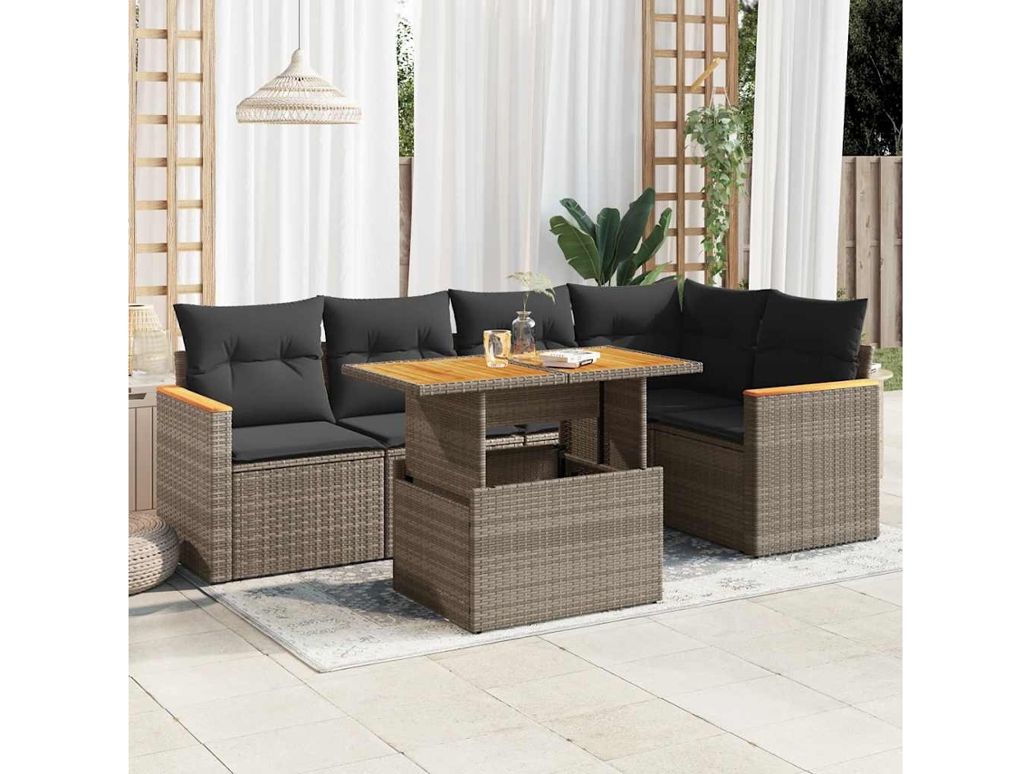 Vidaxl 6 Pcs Conjunto Sofás Jardim Com Almofadões Pe/acácia Cinzento