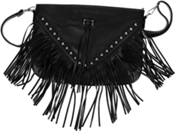 Bolsa De Ombro Feminina Preta Em Pu Com Tachas E Franjas, Prática Para Uso Diário E Casual.