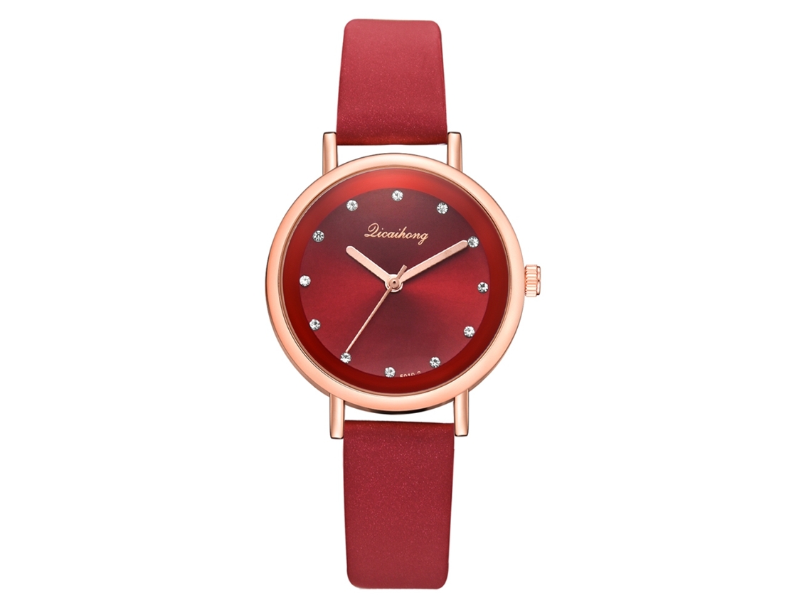 Relógio de Pulso Feminino de Moda com Pulseira de Couro Pu e Strass Decoração Vermelho