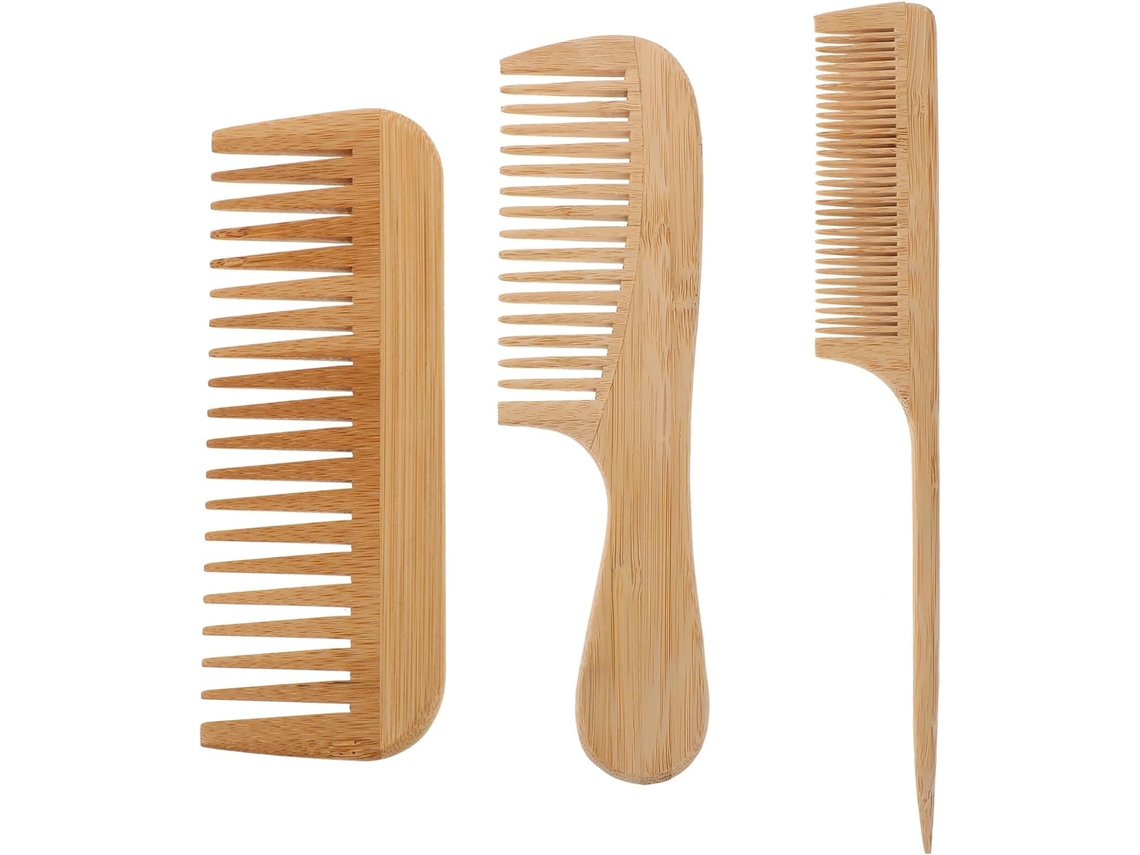 Conjunto De 3 Pentes Antiestáticos De Bambu Com Dentes Largos Para Desembaraçar E