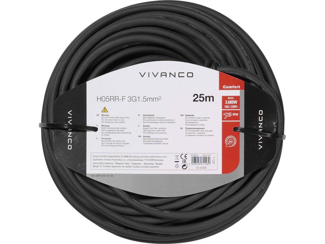 Extensão Exterior 6T VIVANCO 1T Ip44 M-F 25M (Preto)
