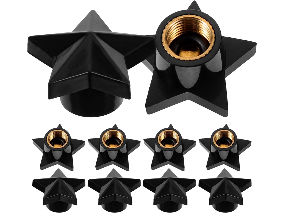 Conjunto De 10 Tampas De Válvula De Pneu Automotivas Em Aço Inoxidável Preto Com Padrão De Estrela.