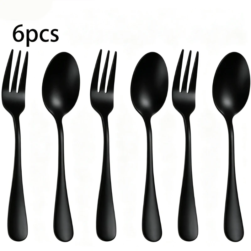 Conjunto De Talheres (6 Peças, Preto) Em Aço Inoxidável, Tamanho 4, Simples E Elegante, Indispensável Para Restaurantes E Hotéis.