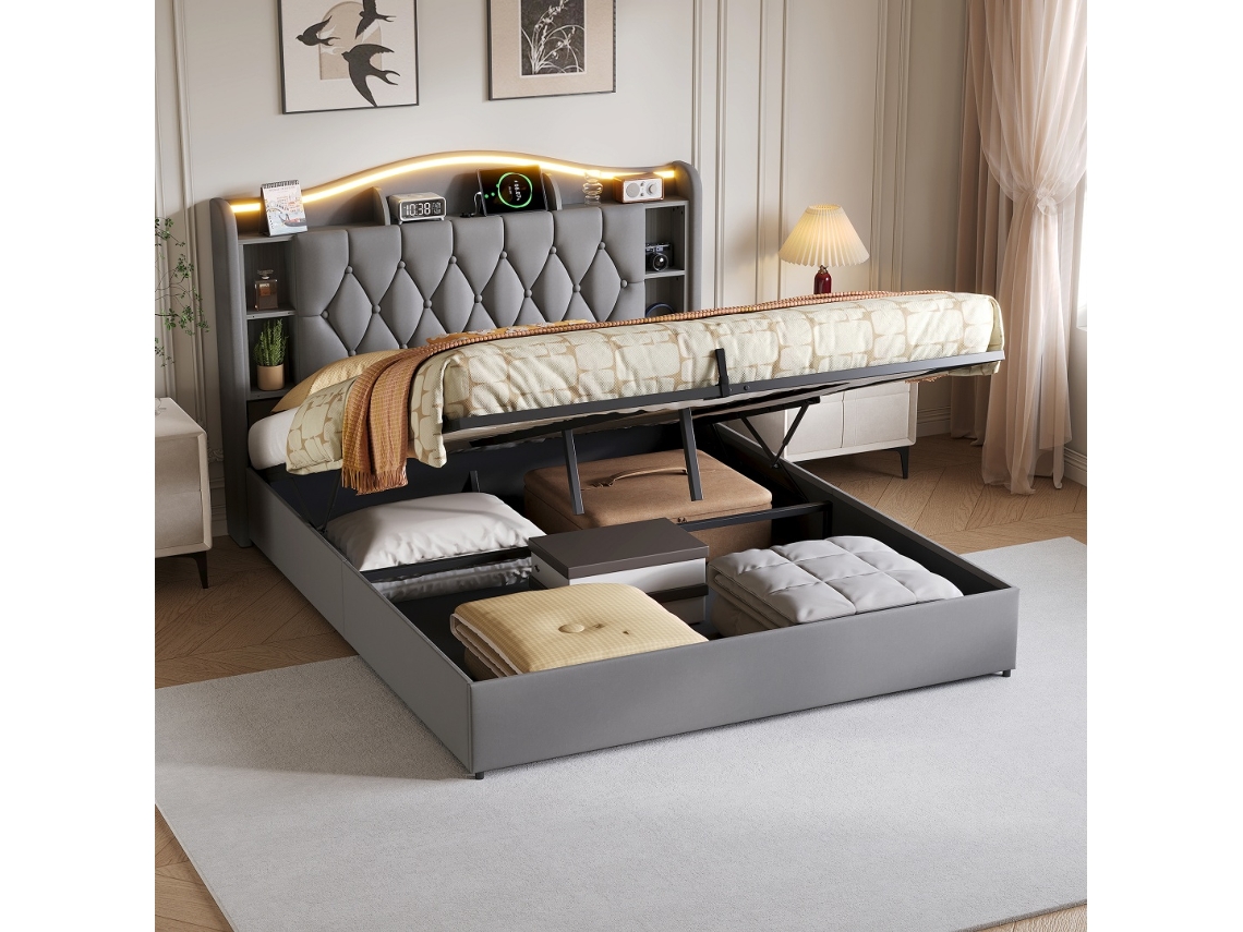 Cama Hidráulica 140x200cm Veludo Creme com Led, Tomada USB, Sem Colchão BURSDANY