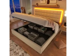 Cama Casal 160x200cm Com Led, Armário E Colchão De Couro Branco