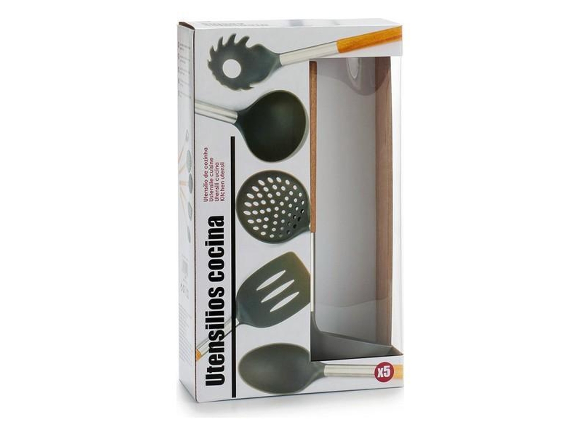 Set 5 Utensílios de Cozinha Madeira e Aço Inox.