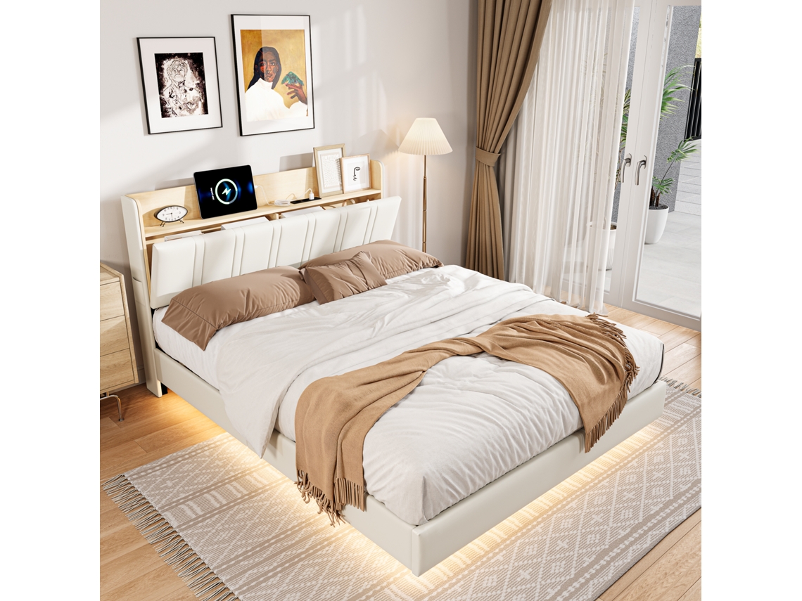 Cama Estofada Branca em Pu 140x200 Cm, Modelo Flutuante com Iluminação Led e Espaço de Armazenamento, Estrutura Pensada para Adultos BURSDANY