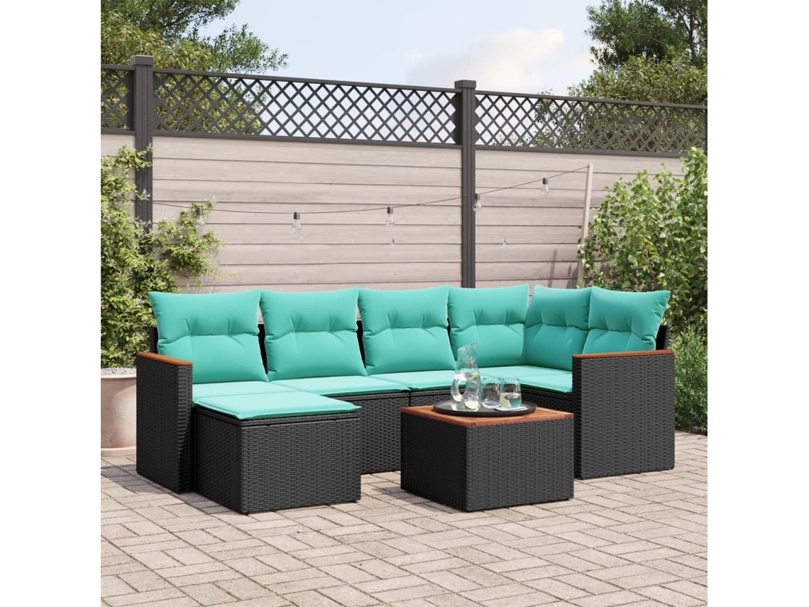 Vidaxl Conjunto De Sofá De Jardim Com 7 Peças E Almofadas Em Rattan Sintético Preto