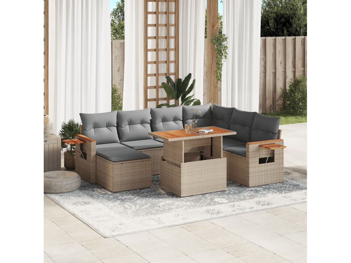 Conjunto de 8 Sofás para Jardim com Almofadas Vime Pe Bege Dkd Home Decor