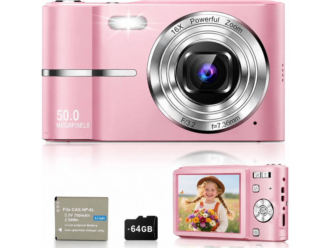 Digital Câmara Compacta Para Crianças E Adolescentes 50mp-4k Mini Máquina Fotográfica Para Fotografia,viagens E Vlogging Inclui Cartão De 64g