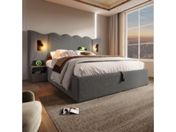 Cama Com Arrumação 160x200 Cm Em Linho Com Luz De Leitura E Função De Carregamento Com Estrado De Ripas Cinza Mobrio