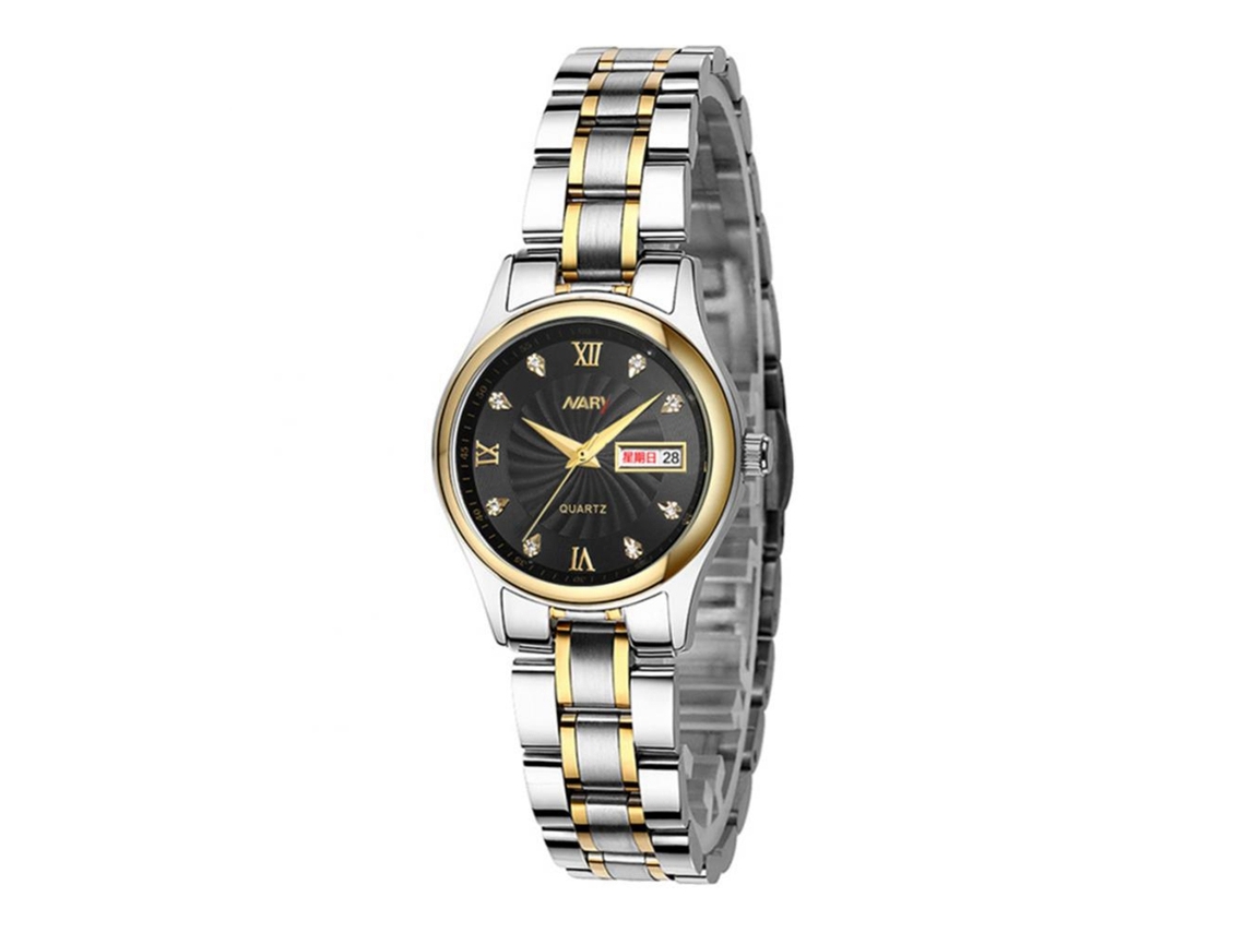 Relógio de casal à prova d'água com numerais romanos, mostrador com calendário, pulseira de aço preta, feminino.