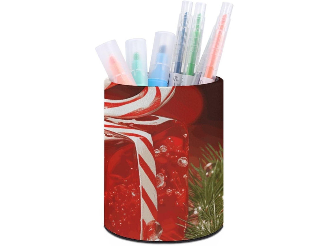 Porta Canetas Natalino, Organizador de Mesa em Couro Sintético Vermelho, Decoração Maquiagem, Mulheres E
