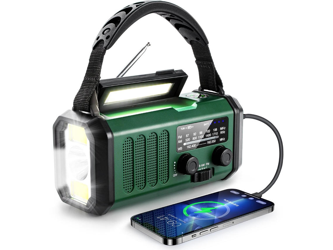RÁDIO RECEPTOR DE EMERGÊNCIA AQUAFORGE com 16000mah, solar, manivela, carregador USB, lanterna, alarme SOS, bússola