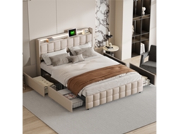 Cama De Casal Com Gavetas 140x200 Cm, Cama Estofada Com Arrumação Bege Com 4 Gavetas, Iluminação Led, Estrado De Ripas, Sem Colchão
