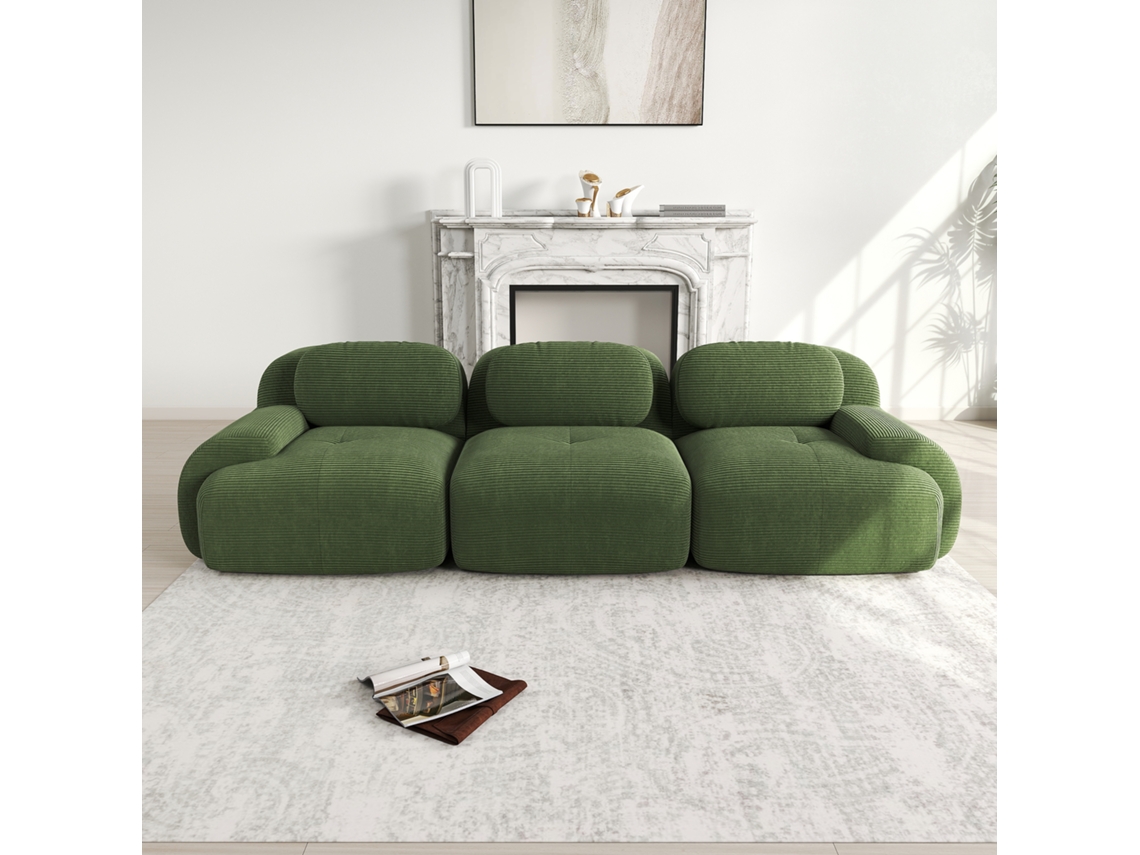 Sofá 3 Lugares Em Cotelê Premium Modular Sem Estrutura Com Braços Ergonômicos Verde