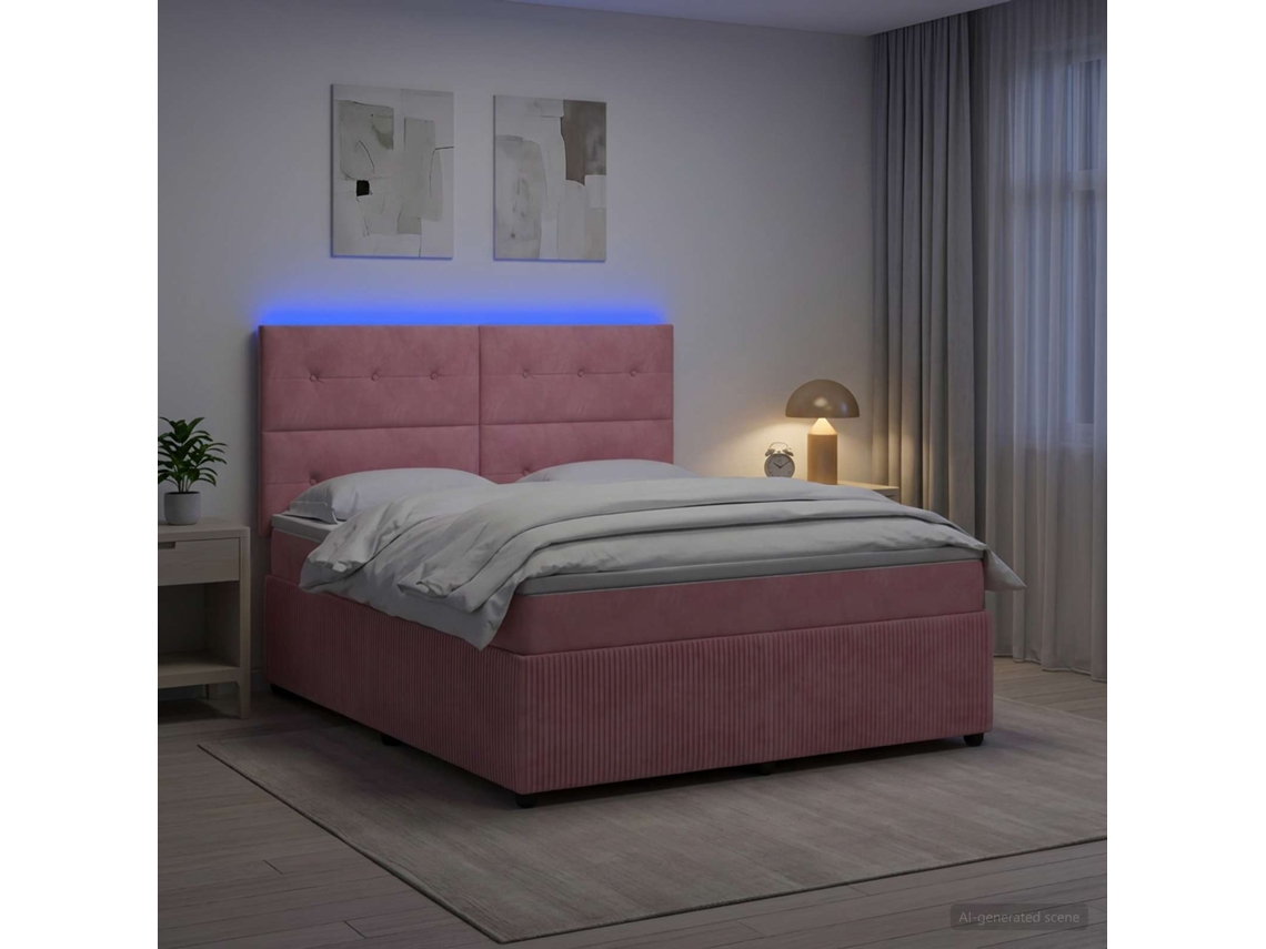 Vidaxl Cama Box Com Led E Colchão Rosa 140 X 190 Cm Veludo