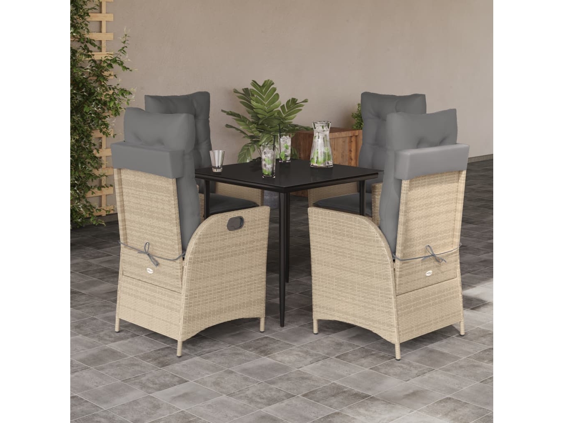 Vidaxl 5 Pcs Conjunto De Jantar P/ Jardim Com Almofadões Vime Pe Bege