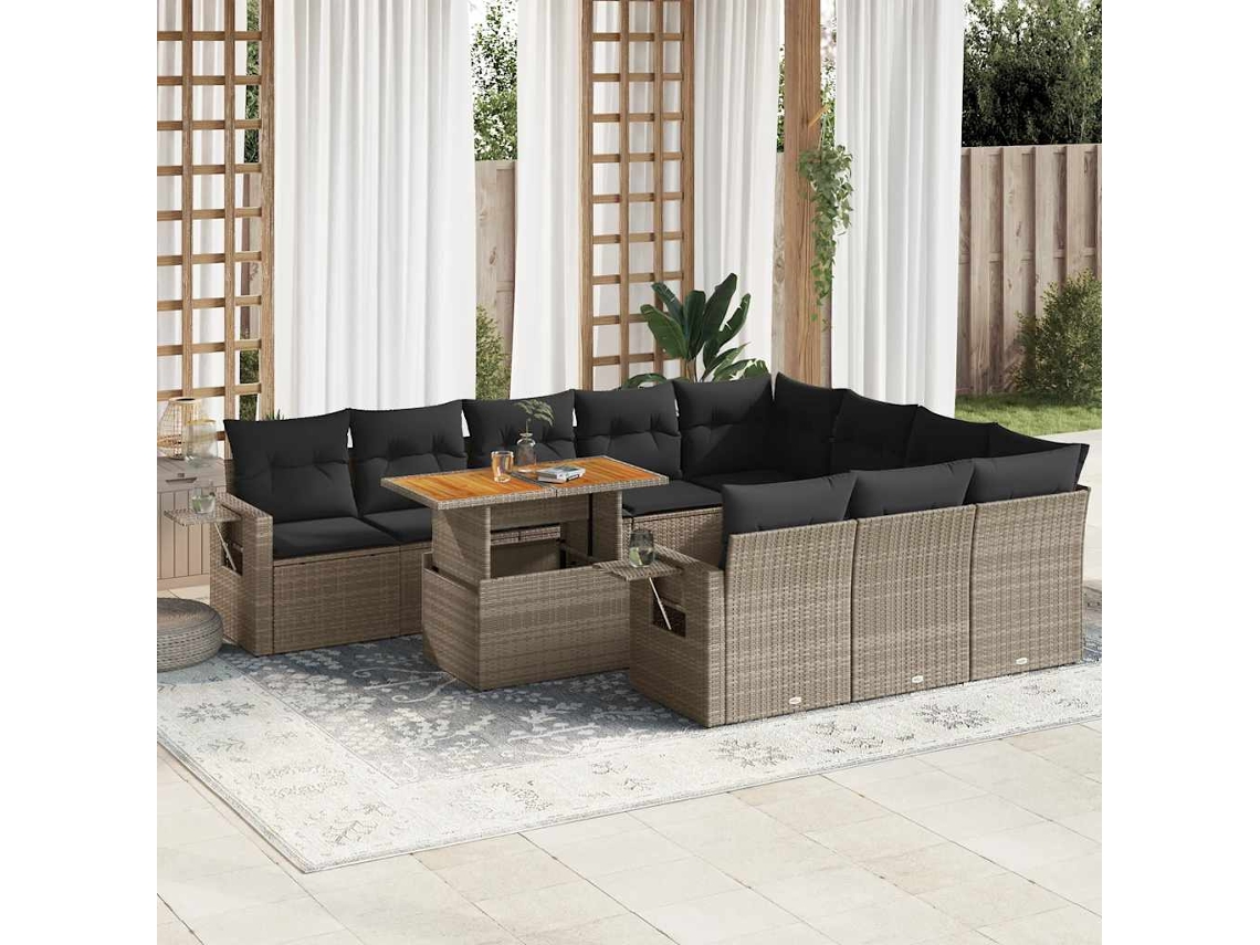 Vidaxl 11 Pcs Conjunto Sofás De Jardim C/ Almofadões Vime Pe Cinzento