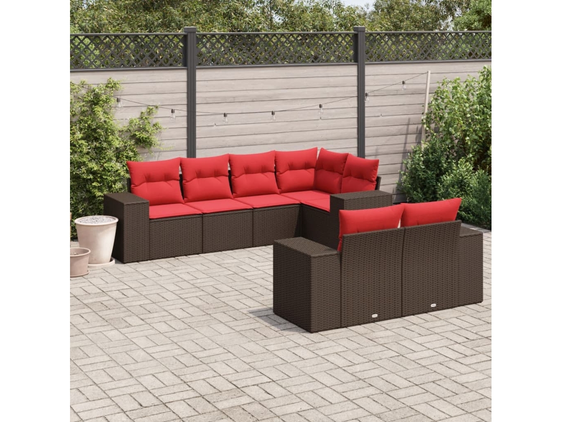 Vidaxl Conjunto De Sofá De Jardim Com 7 Peças E Almofadas Em Rattan Sintético Marrom