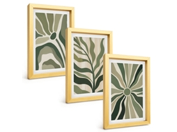 Composição De Quadrospadrões De Plantas Em Bege E Verde Moldura Dourada Imagens Para Um Quarto Infantil Espelharte (3 Peças 20x30 Cm)